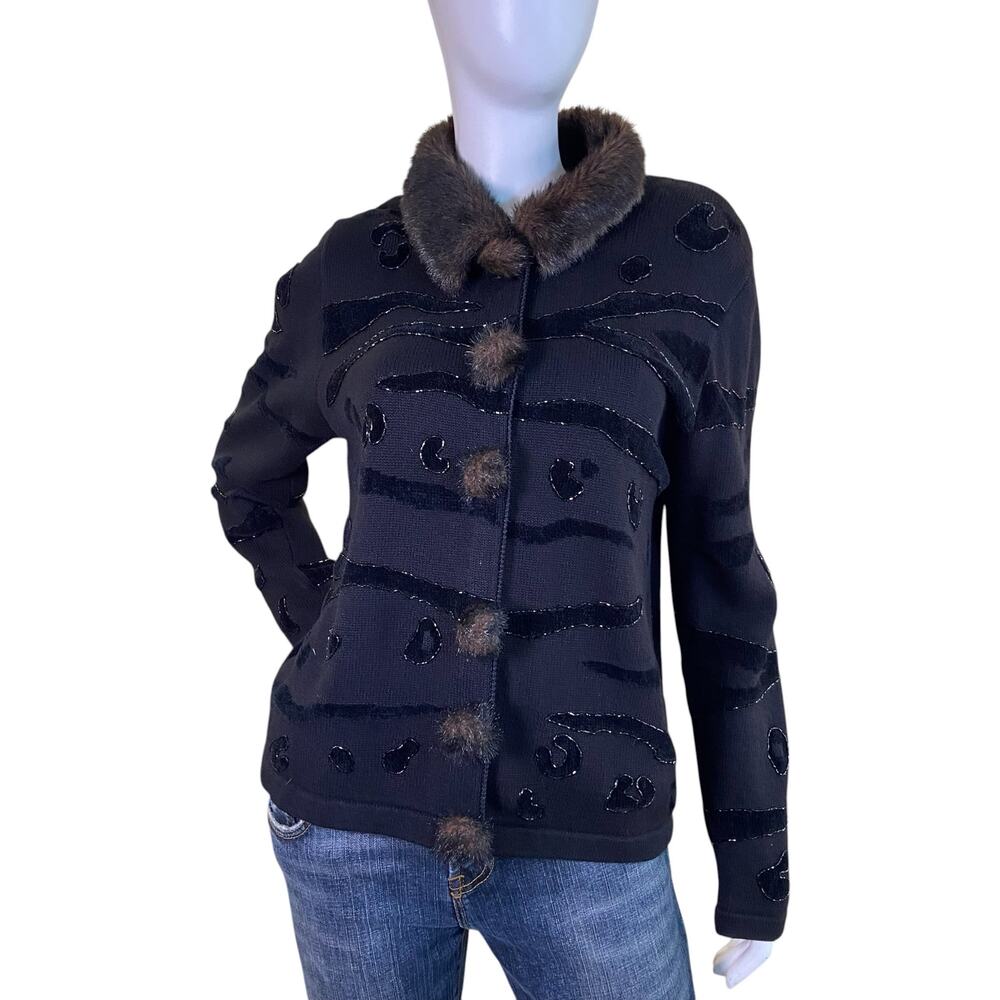 1990s Vintage Berek Takako Sakon Black Embellished Cardigan Sweater Large